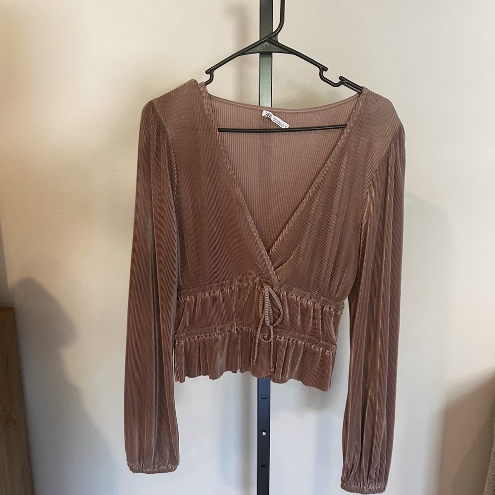 Zara V-Neck Wrap Blouse in Tan